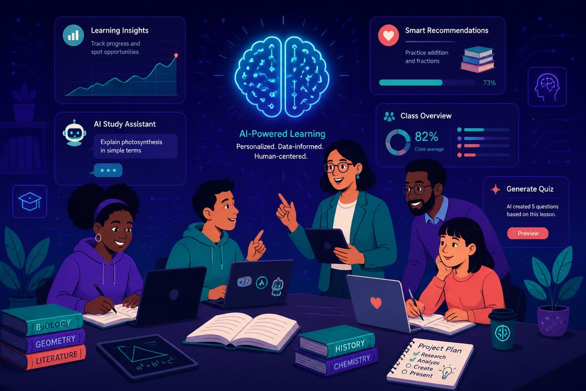 Students and teachers collaborating around AI learning dashboards